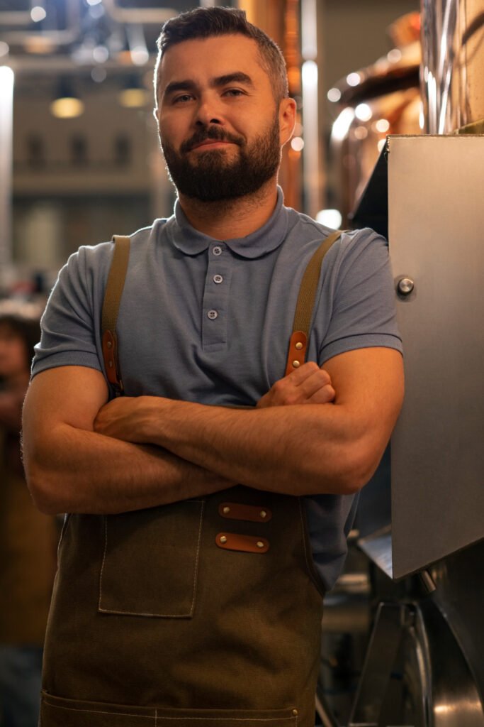 Un señor con ropa de trabajo sonriendo en una cervecería.